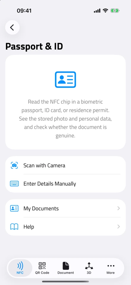 La schermata Passaporto e documento d'identità di NFC.cool Tools, con le opzioni per la scansione con la fotocamera e l'inserimento manuale