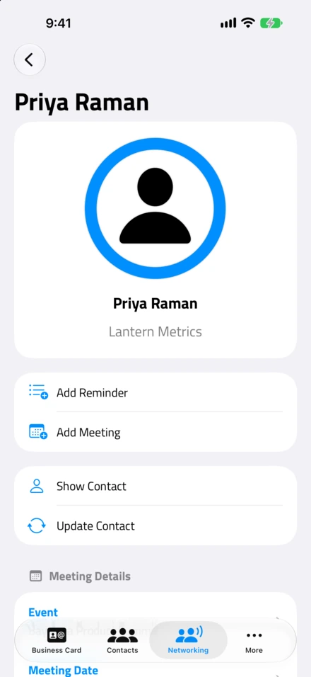 Un contatto di networking, Priya Raman di Lantern Metrics, con Add Reminder, Add Meeting e i dettagli dell'evento