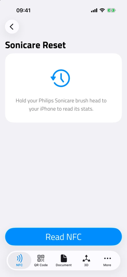 La schermata Sonicare Reset di NFC.cool Tools, che chiede di avvicinare la testina all'iPhone