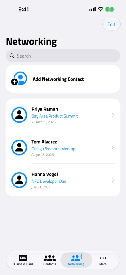 NFC.cool Business Card'ta Networking sekmesi: Bay Area Product Summit'te tanışılan Priya Raman, Design Systems Meetup'ta Tom Alvarez, NFC Developer Day'de Hanna Vogel