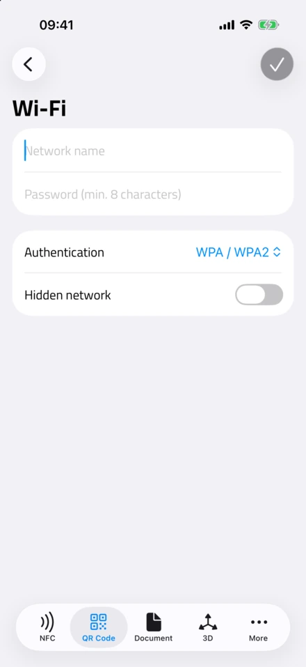 NFC.cool Tools'taki Wi-Fi QR formu: ağ adı, parola, WPA/WPA2 kimlik doğrulama ve gizli ağ