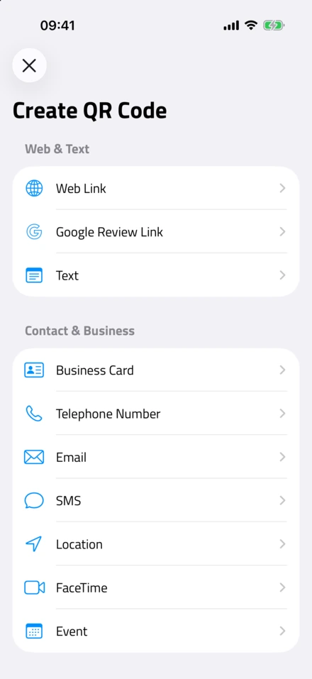 NFC.cool Tools'ta Create QR Code: Web Link, Google Review Link, Text, Business Card, Telephone Number, Email, SMS, Location, FaceTime ve Event