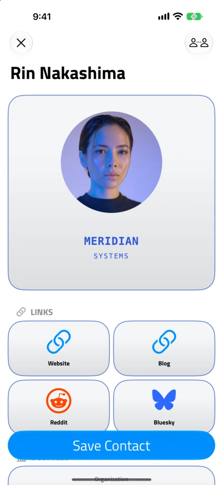 Dokunduktan sonra açılan dijital profil: Meridian Systems'tan Rin Nakashima; Website, Blog, Reddit ve Bluesky bağlantıları ve Save Contact düğmesiyle