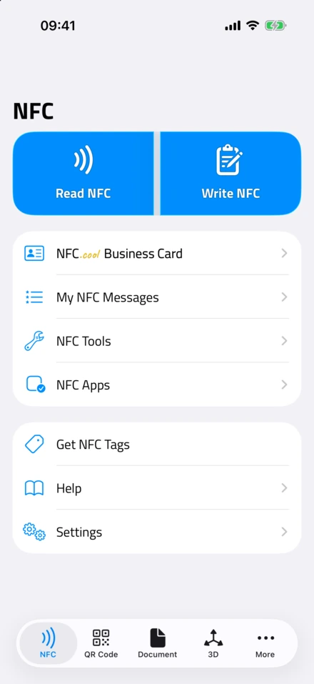 La scheda NFC di NFC.cool Tools con i pulsanti Read NFC e Write NFC