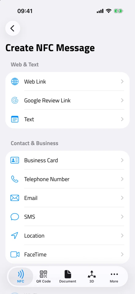 Create NFC Message: Web Link, Google Review Link, Text, Business Card, Telephone Number, Email, SMS, Location e FaceTime