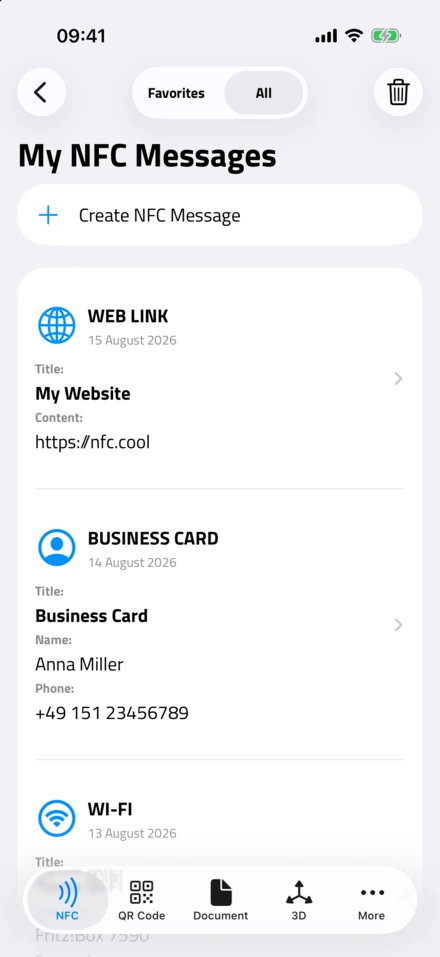My NFC Messages, con un link web, un biglietto da visita e un record Wi-Fi