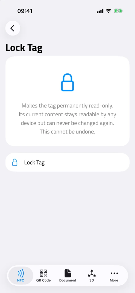 La schermata Lock Tag: rende il tag di sola lettura per sempre, senza ritorno