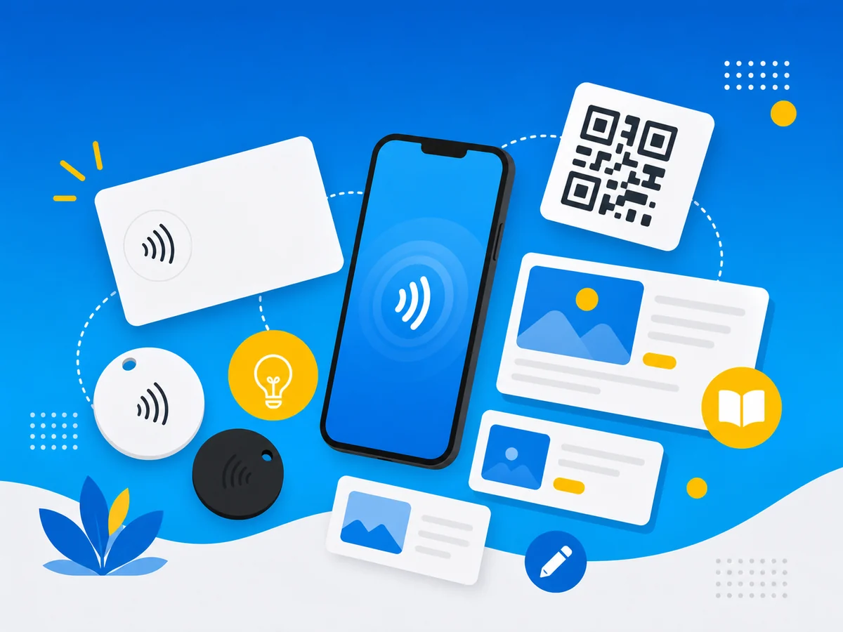 NFC.cool Blog-Collage mit Smartphone, NFC-Karte, Tags und QR-Motiv