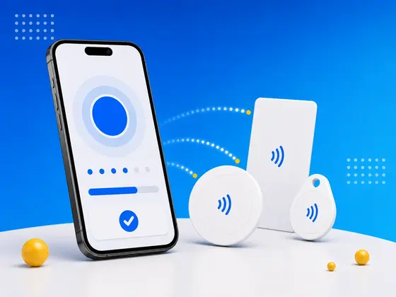 iPhone 正在向空白 NFC 标签写入数据，并带有进度和对勾图标