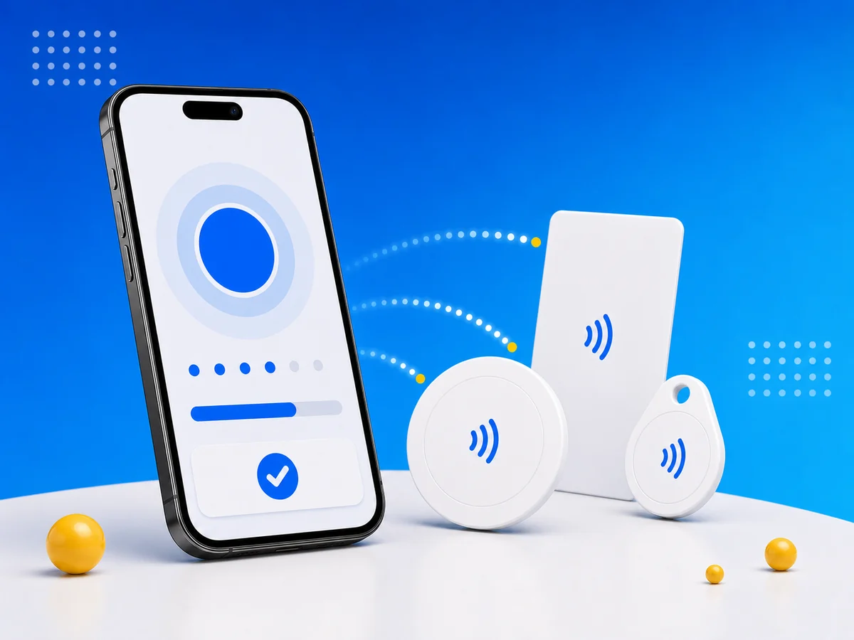 iPhone schreibt Daten auf leere NFC-Tags mit Fortschritts- und Häkchensymbolen