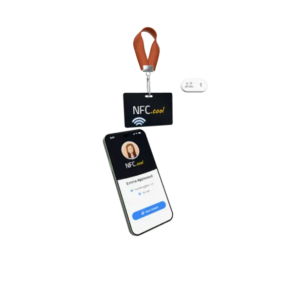 Bir telefon, boyun askısındaki NFC.cool yaka kartını okuyor ve kişiyi gösteriyor