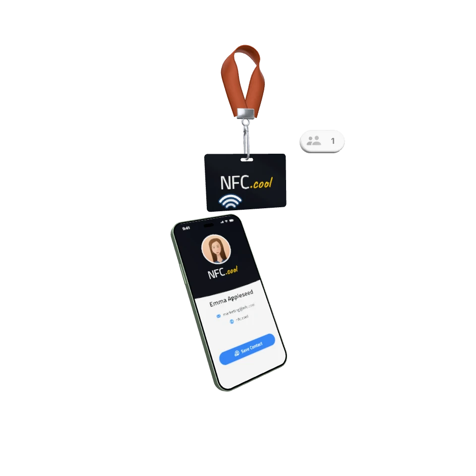 A phone scans an NFC.cool Business Card badge on a lanyard and shows the contact