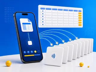 iPhone con un foglio di calcolo sullo schermo che scrive le righe del foglio su una fila di tag NFC