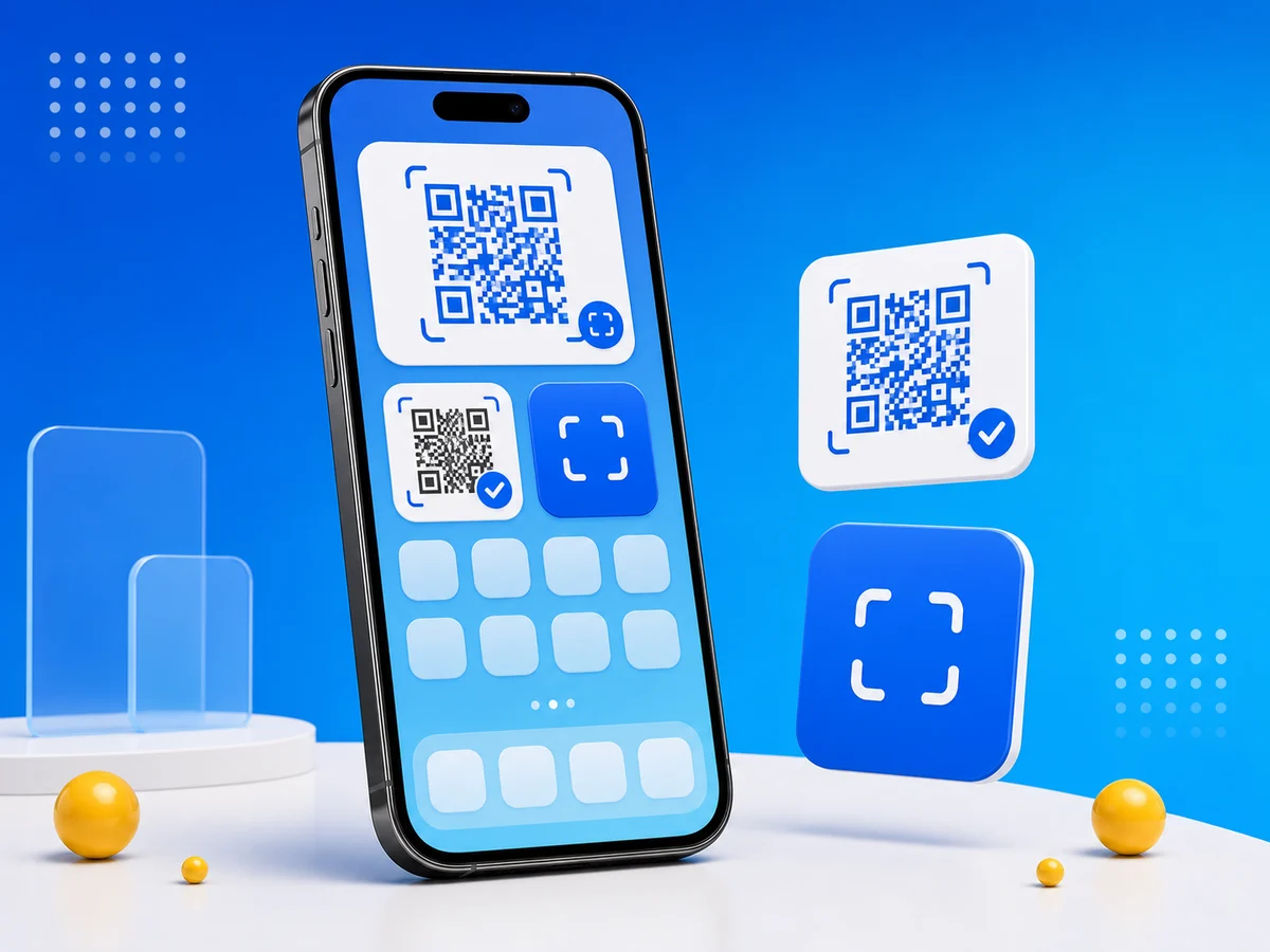 iPhone Home Screen with QR code widgets and scan button