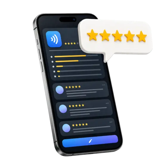 iPhone 上 NFC.cool 五星好评对话气泡与应用评价